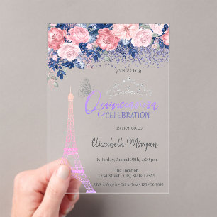 Invitaciones Acrílicas Flores,Torre Eiffel Mariposa Ombre Quinceañera 