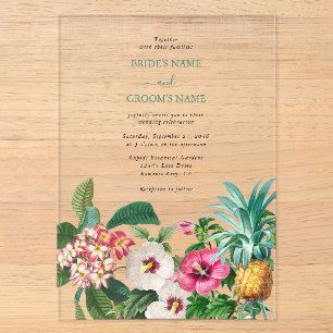 Invitaciones Acrílicas Flores Tropicales Acuarela & Verde Nupcial