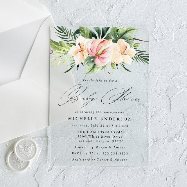 Invitaciones Acrílicas Flores tropicales de Hibiscus y deja Baby Shower (Subido por el creador)