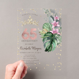 Invitaciones Acrílicas Flores Tropicales Diamantes Rosa Dorado Cumpleaños