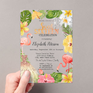 Invitaciones Acrílicas Flores Tropicales Flamencos Palma Vestido Dulces 1