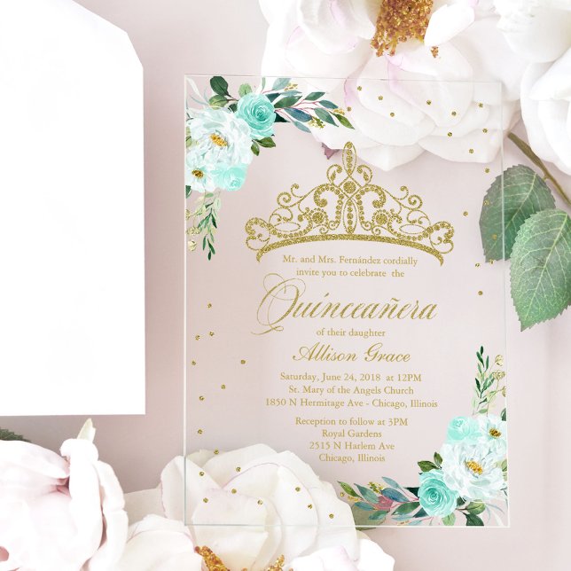 Invitaciones Acrílicas Flores Verde azuladas de Tiara de oro Quinceañera (Subido por el creador)
