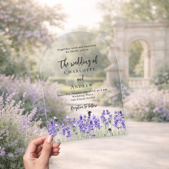 Invitaciones Acrílicas Flores violetas de lavanda boda transparente (Subido por el creador)