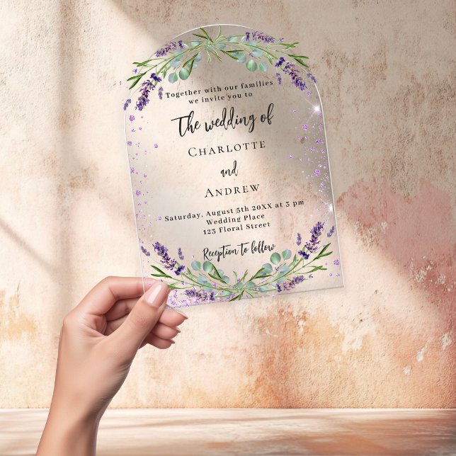 Invitaciones Acrílicas Flores violetas de lavanda eucalipto arco boda (Subido por el creador)