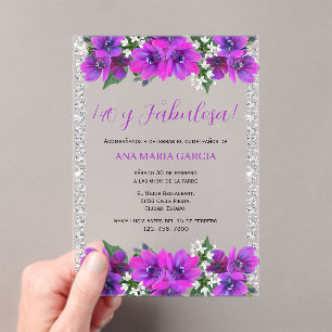 Invitaciones Acrílicas Flores y diamantes Cumpleaños femenino 40 Español