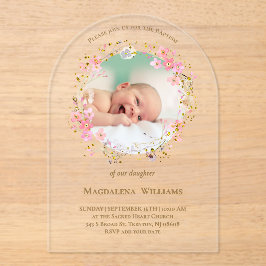 Invitaciones Acrílicas flowers wreath photo frame | Baptism Invitation