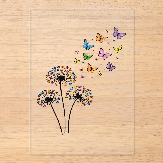 Invitaciones Acrílicas Flujo de mariposas de diente de león (Anverso)