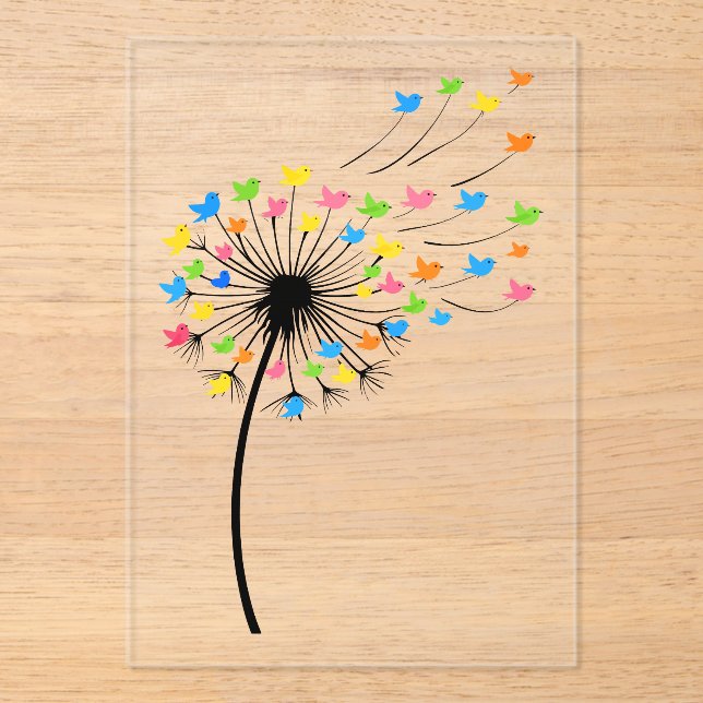 Invitaciones Acrílicas Flying colorful birds dandelion flow (Anverso)
