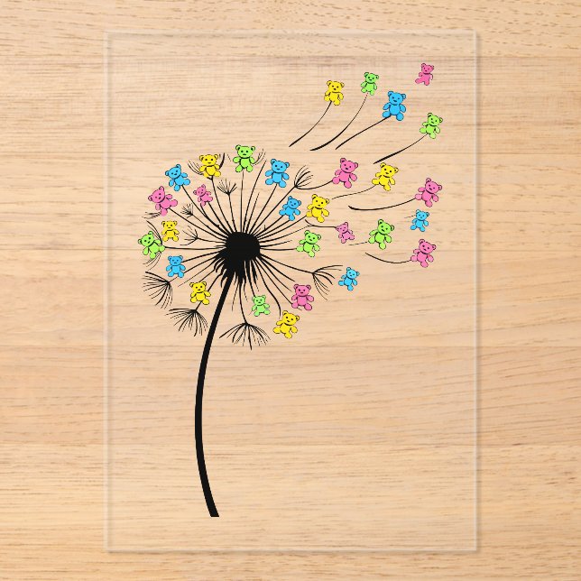 Invitaciones Acrílicas Flying cute bears dandelion flow (Anverso)