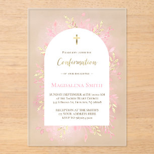 Invitaciones Acrílicas foliage acuarela rosa Confirmación escarchada