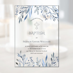 Invitaciones Acrílicas foliage azul acuarela Bautismo