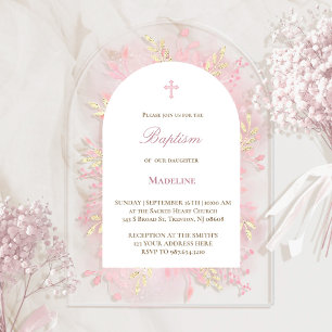 Invitaciones Acrílicas foliage de acuarela rosa Bautismo