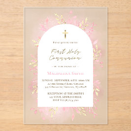 Invitaciones Acrílicas foliage rosa Primera Comunión escarchada