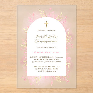 Invitaciones Acrílicas foliage rosa Primera Comunión escarchada