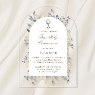 Invitaciones Acrílicas foliaje de acuarela azul Primera Comunión