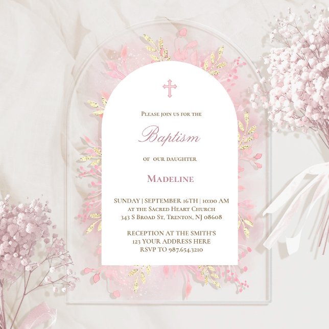 Invitaciones Acrílicas follaje color agua rosa Bautismo (Subido por el creador)