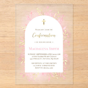 Invitaciones Acrílicas follaje de acuarela rosa escarcha de confirmación