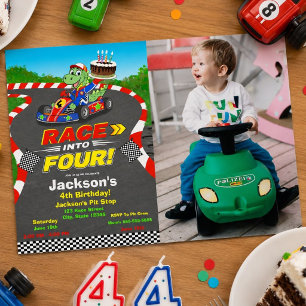Invitaciones Acrílicas Foto 4º Cumpleaños Coche de Carreras de Dinosaurio