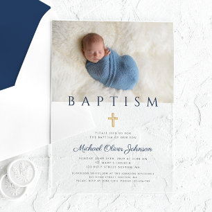 Invitaciones Acrílicas Foto de bautismo de travesía religiosa azul de la