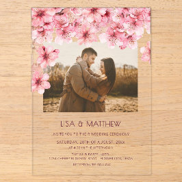 Invitaciones Acrílicas Foto de boda de flor de cerezo transparente