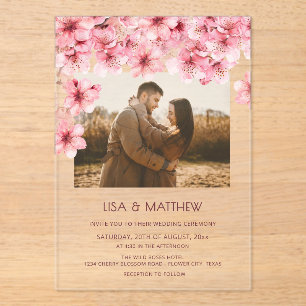 Invitaciones Acrílicas Foto de boda de flor de cerezo transparente
