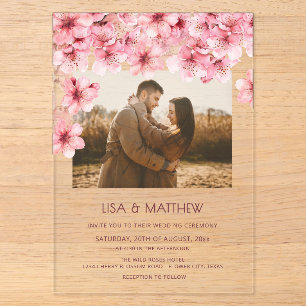 Invitaciones Acrílicas Foto de boda de flor de cerezo transparente