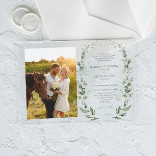 Invitaciones Acrílicas Foto de boda horizontal botánica elegante formal