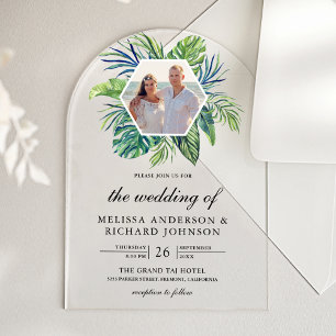 Invitaciones Acrílicas Foto de Bodas con Hojas de Palma Monstera Tropical