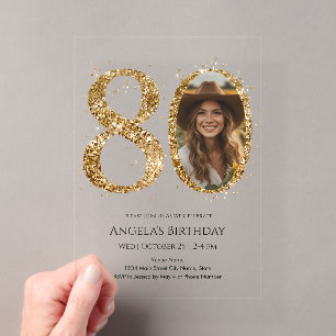 Invitaciones Acrílicas Foto de cumpleaños 80 con brillo dorado