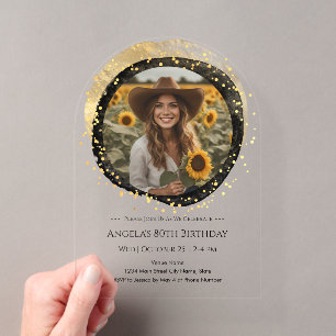 Invitaciones Acrílicas Foto de cumpleaños 80 negro y dorado