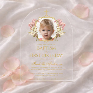Invitaciones Acrílicas Foto de cumpleaños de niña bautizada con flores do