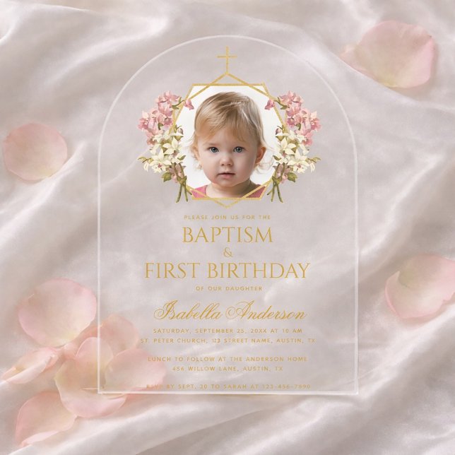 Invitaciones Acrílicas Foto de cumpleaños de niña bautizada con flores do (Subido por el creador)