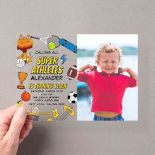 Invitaciones Acrílicas Foto de cumpleaños de pelotas atléticas de deporte