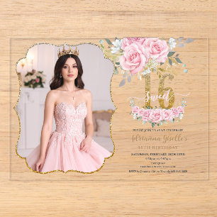 Invitaciones Acrílicas Foto de cumpleaños número 16 Sweet Sixteen floral