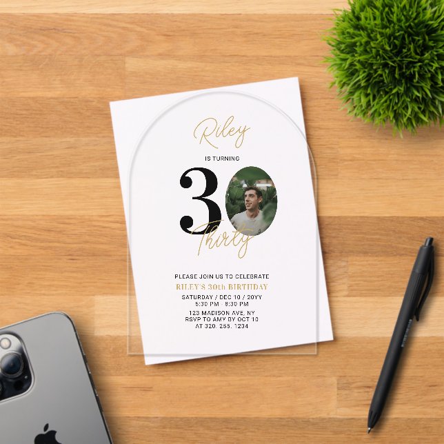 Invitaciones Acrílicas Foto de Fiesta de 30 años de Black & Gold (Insitu (Tarjeta de Invitación))