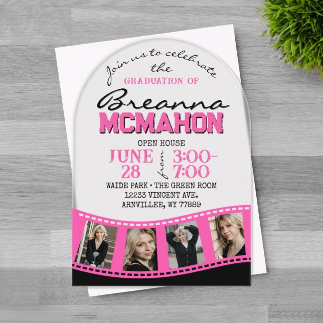 Invitaciones Acrílicas Foto de graduación artística tira de película de g (Trendy Arched Pink and Black 4 Photo Filmstrip Graduation Invitation on Frosted Acrylic)