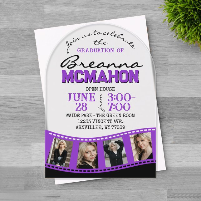 Invitaciones Acrílicas Foto de graduación artística tira de película Purp (Trendy Arched Purple and Black 4 Photo Filmstrip Graduation Invitation on Frosted Acrylic)