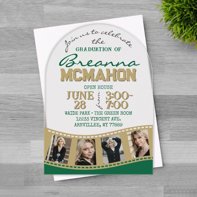 Invitaciones Acrílicas Foto de graduación artística tira de película verd (Trendy Unique Arched Bronze Gold and Green 4 Photo Filmstrip Graduation Invitation)