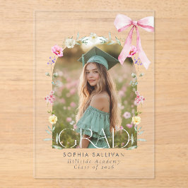 Invitaciones Acrílicas Foto de graduación con lazo de flor silvestre