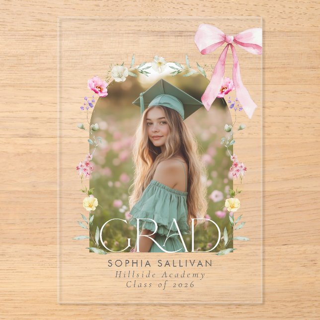 Invitaciones Acrílicas Foto de graduación con lazo de flor silvestre (Anverso)