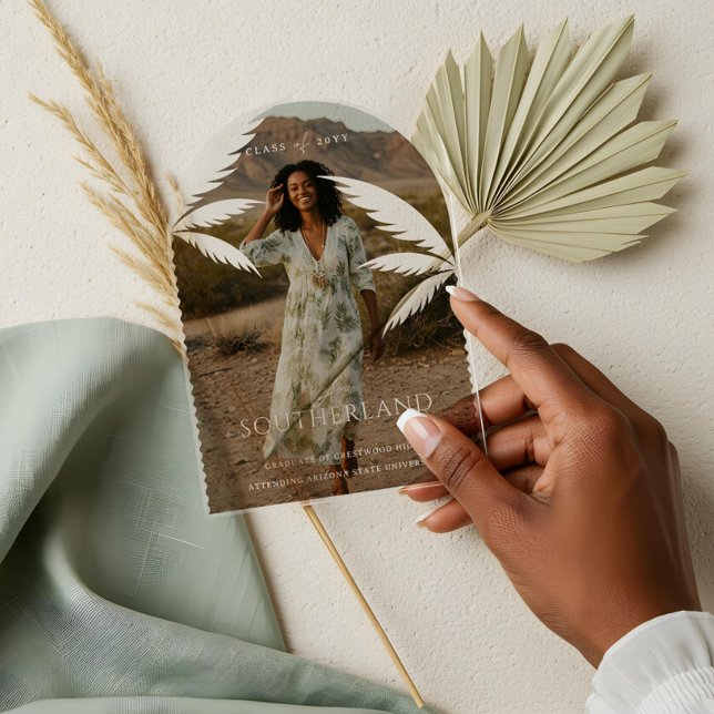 Invitaciones Acrílicas Foto de graduación de Palm Tree Tropical Boho Retr (Boho Retro Tropical Palm Tree Graduation Photo Acrylic Invitations)