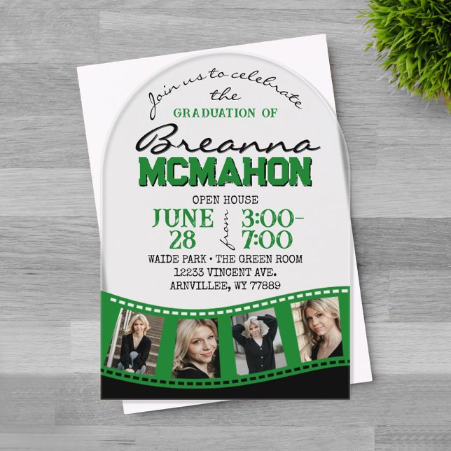 Invitaciones Acrílicas Foto de graduación en arco con cristal esmerilado  (Trendy Arched Green and Black 4 Photo Filmstrip Graduation Invitation on Frosted Acrylic)