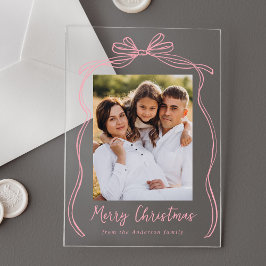 Invitaciones Acrílicas Foto de Navidad con lazo rosa vintage