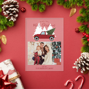 Invitaciones Acrílicas Foto de Navidad de Camión Rojo Antiguo