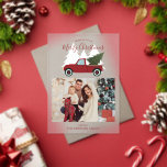Invitaciones Acrílicas Foto de Navidades de camiones rojos de época<br><div class="desc">Ilustracion caprichoso de un viejo camión rojo de moda que lleva un árbol de Navidad. Personalice este diseño con su foto familiar favorita y un mensaje personalizado.</div>