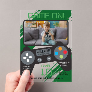 Invitaciones Acrílicas Foto de niño genial verde de videojuegos fiesta de