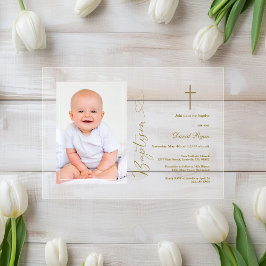 Invitaciones Acrílicas Foto de Niño Moderno Bautizo Caligrafía en Oro