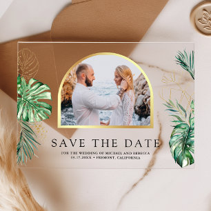 Invitaciones Acrílicas Foto de Palma Monstera Tropical para Save the Date
