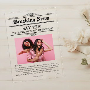 Invitaciones Acrílicas Foto de periódico doncella de honor o dama de hono