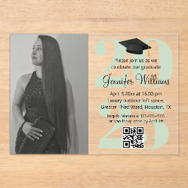 Invitaciones Acrílicas foto graduación 2025 fiesta código qr guión verde